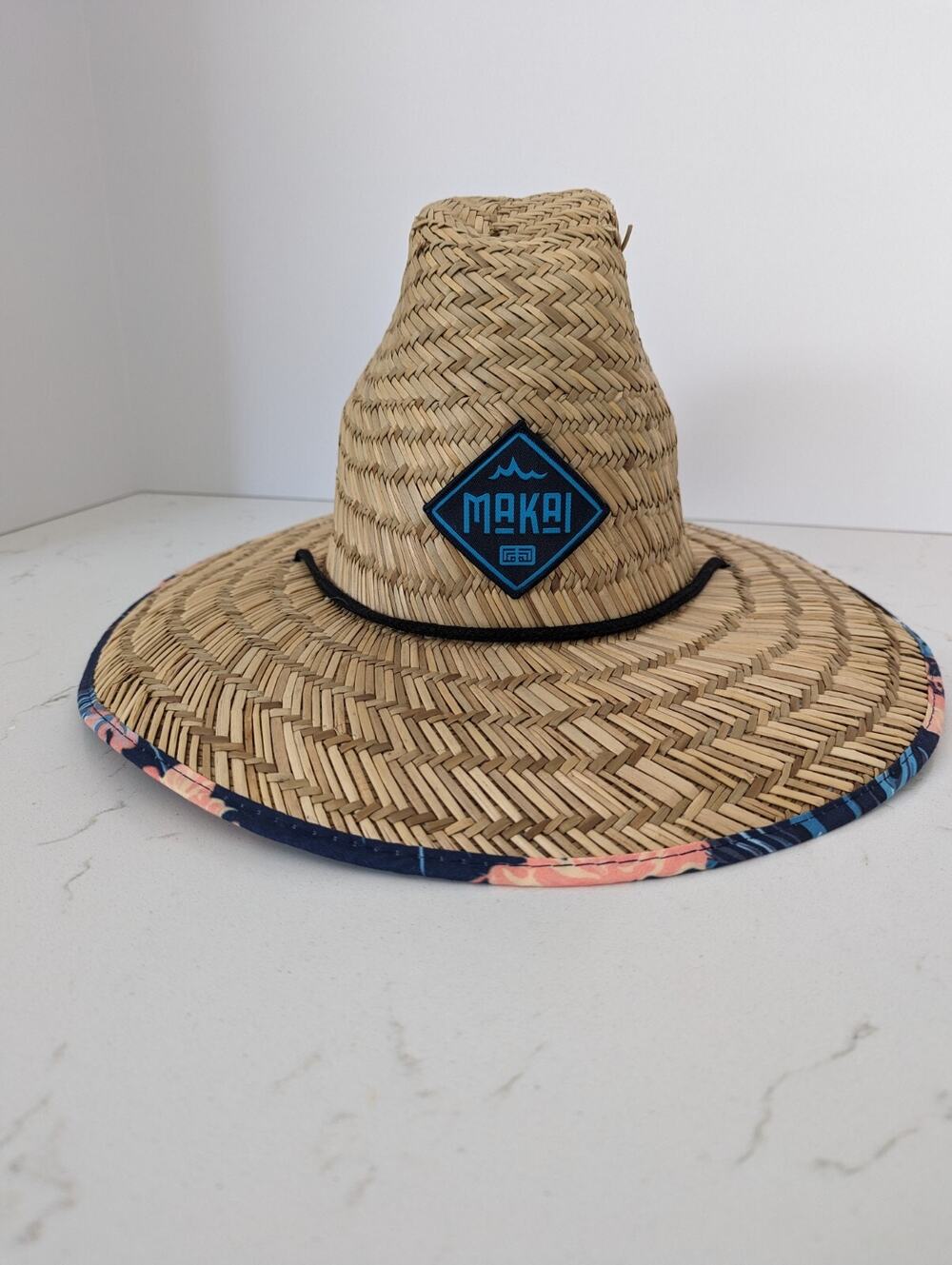 Makai Hawaiian Straw Lifeguard Hat Tropical Print Chin Strap